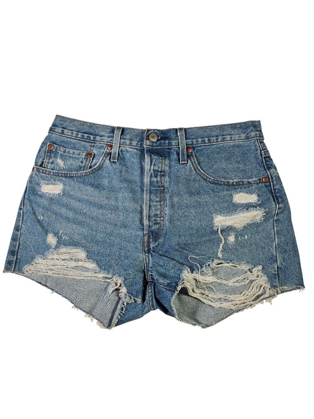 Levis 501 High-Rise Button-Fly Distressed Denim Shorts Women's Size 31x2" Blue